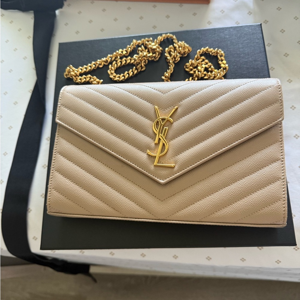 Yves Saint Laurent Taupe Quilted Leather Clutch with Gold Chain